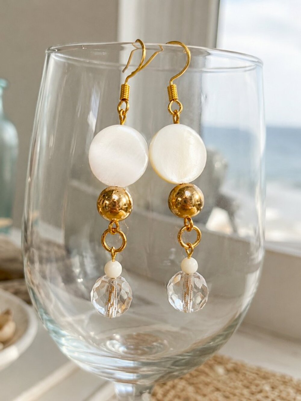 Mother of Pearl & Crystal Earrings, Bridal Ivory Shell Earrings, Elegant Coastal